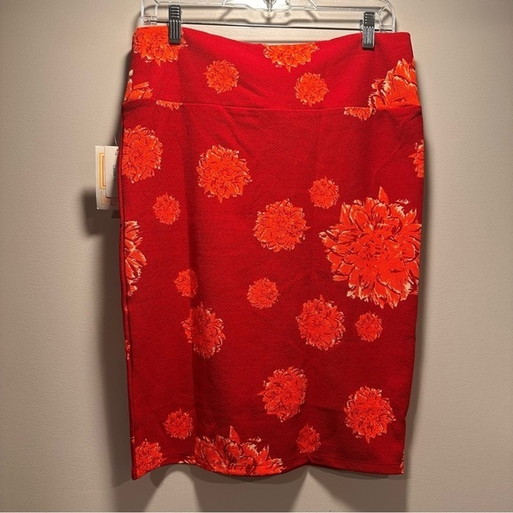 LulaRoe Cassie Pencil Skirt Stretchy High Wide Waist Band Large 14-16 Red Floral - Picture 8 of 12